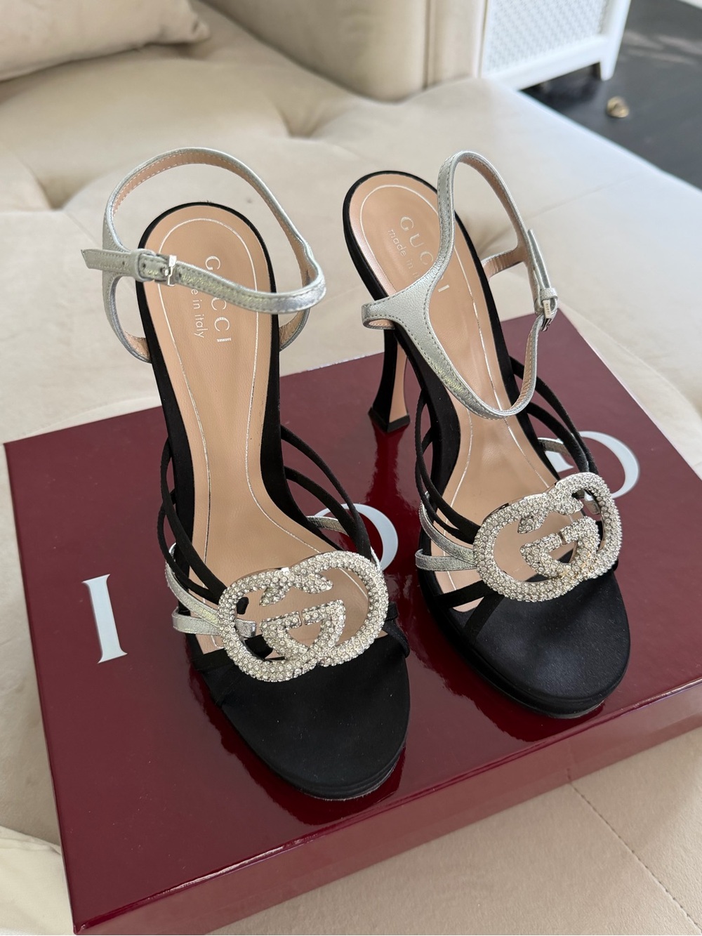 Gucci Black Satin Crystal Double G Ankle-Strap Sandals with Silver Straps - Picture 7 of 8